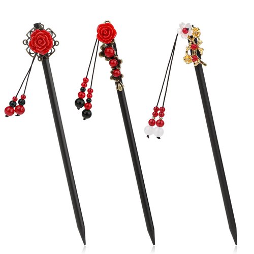 3 Pcs Chinese Hair Chopsticks Wooden Hair Sticks for Women Retro Wooden Hairpins Japanese Floral Hair Sticks Vintage Tassel Flower Hairpins Wooden Hair Accessories for Women Girls