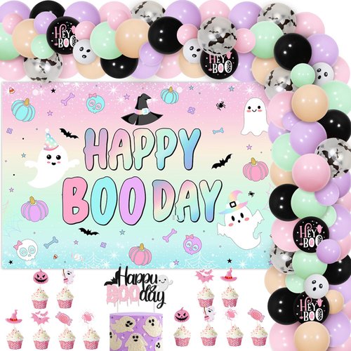 Halloween Happy Boo Day Girls Birthday Decorations - Pastel Balloons Garland Arch Kit - Macaroon Halloween Birthday Party Supplies for 1 2 3 4 Year Old Girl