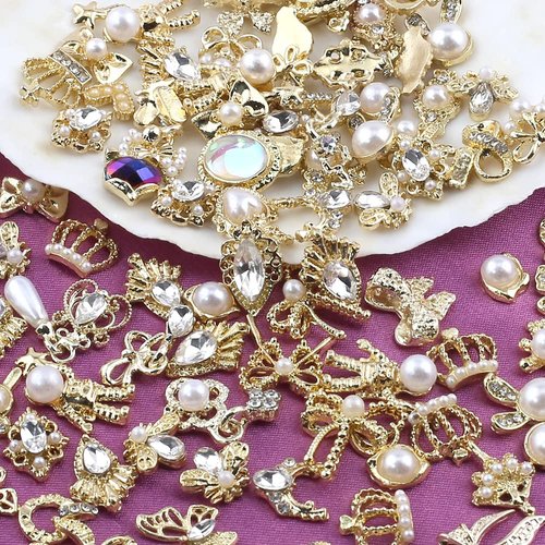 50pcs Random Gold Nail Charms Luxury Nail Rhinestones Nail Gems 3D Alloy Flower Butterfly Nail Art Charms Metal Snake Bear Heart Bow Star Charms for Nails Mix Styles Nail Jewels for Nail Art Supplies