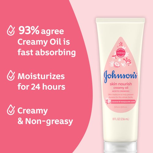 Johnson's Skin Nourish Creamy Baby Oil for Dry Skin with Coconut & Honeysuckle Scent, Rich & Creamy Baby Body Oil Moisturizes for 24 Hours & Helps Prevent Dryness, Hypoallergenic, 8 fl. Oz