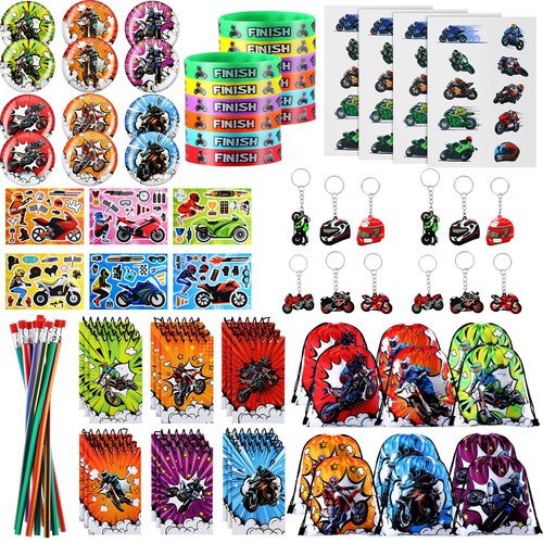 Bulyoou 102 Pcs Dirt Bike Party Favors Motorcycle Party Decorations Includes Drawstring Backpacks, Silicone Bracelets, Spiral Notepads, Badges, Keychains, Bendable Pencils, Puzzle Stickers