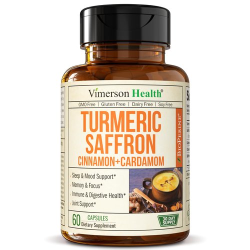 Turmeric Saffron Supplements with Cinnamon powder & Cardamom - Antioxidant Joint Support Supplement Contains Turmeric Curcumin with Black Pepper for Mood, Memory, Eye Health & Well-Being - 60 Capsules