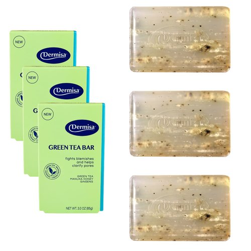 Dermisa Green Tea Bar | Gentle Skin Cleansing and Exfoliation | Contains Antioxidants Green Tea, Manuka Honey, Ginseng | NO PARABENS, NO SULFATES | 3OZ per Pack (3)