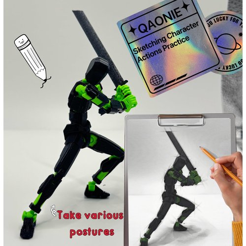 QAONIE 3D Printed 5.54-inch Multi-Jointed Action Figures Dummy13, Full Body Mechanical Movable Toy, Multiple Accessories, Hand Painted Figure, Desk Decoration, Creative Gifts (A-Black)