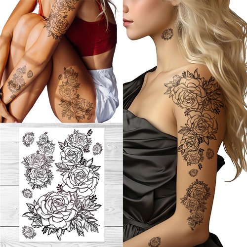 Supperb® Temporary Tattoos - Hand Drawn Black Roses Flowers Tattoos