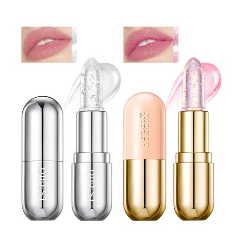 Hulyfw 2Pcs Glimmer Crystal Jelly Color Changing Lipstick,Long Lasting Nourishing Moisturizing Magic PH Natural Chapstick Lip Balm,Hydrate & Plump Pink Shimmer Lipstick(01#+03#)