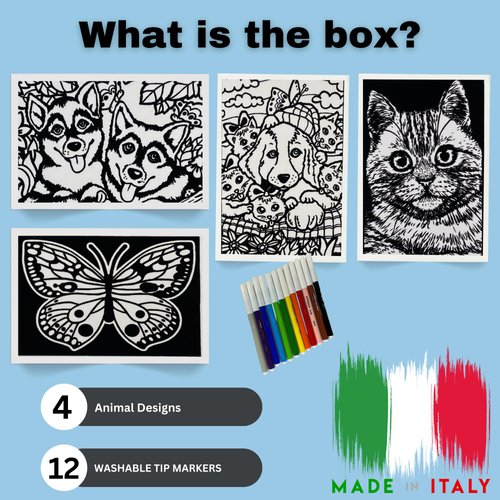 4 Pack Velvet Coloring Posters- Young Kids- Arts & Craft Kit Includes a Cat, Puppies, Butterfly, Kittens and 12 Felt Tip Markers- Ideal for Travel- Boys and Girls 3+