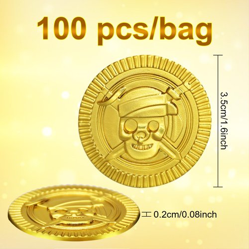 100 Pieces Pirate Gold Coins Set - Plastic Play Fake Golden Coin Bulk for Kids, Pirate Themed Treasure Hunt Toys Party Favors, St. Patrick's Day Decorations