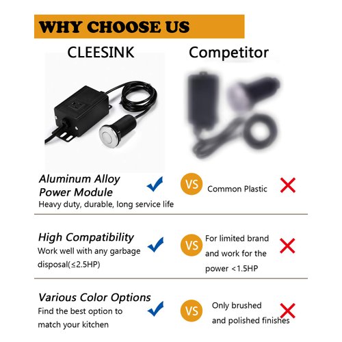Garbage Disposal Air Switch Kit, Sink Top Waste Disposer On/Off Switch with Aluminum Alloy Power Module (LONG BRUSHED NICKEL STAINLESS STEEL BUTTON) by CLEESINK