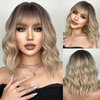 Doremiy Ombre Brown Blonde Short Bob Wavy Wig with Bangs Natural Shoulder Length Wigs for Women Synthetic Wigs for Daily Cosplay