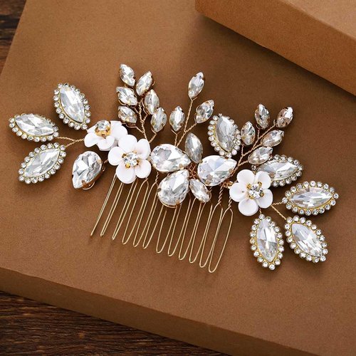 Foyte Crystal Wedding Hair Comb Flower Bride Headpiece Gold Rhinestone Hair Piece Bridal Side Hair Accessories for Women and Bride