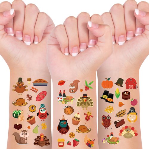 Thanksgiving Temporary Tattoos for Kids，Thanksgiving Fall Stickers Gifts Party Decorations Supplies Favors for Boys and Girls，Xmas Party Favors Gifts Holiday Tattoos (Thanksgiving)