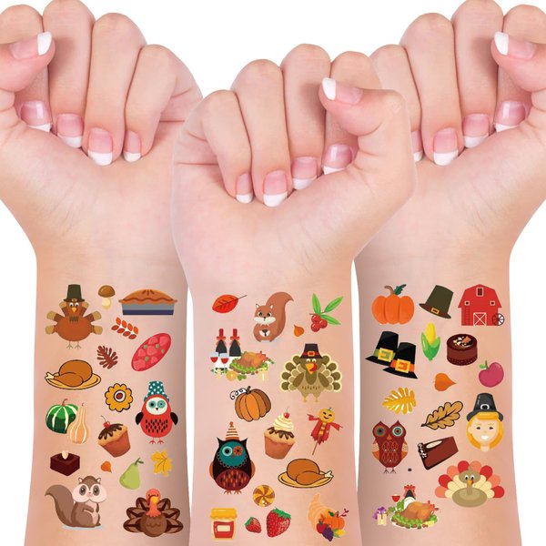 Thanksgiving Temporary Tattoos for Kids，Thanksgiving Fall Stickers Gifts Party Decorations Supplies Favors for Boys and Girls，Xmas Party Favors Gifts Holiday Tattoos (Thanksgiving)