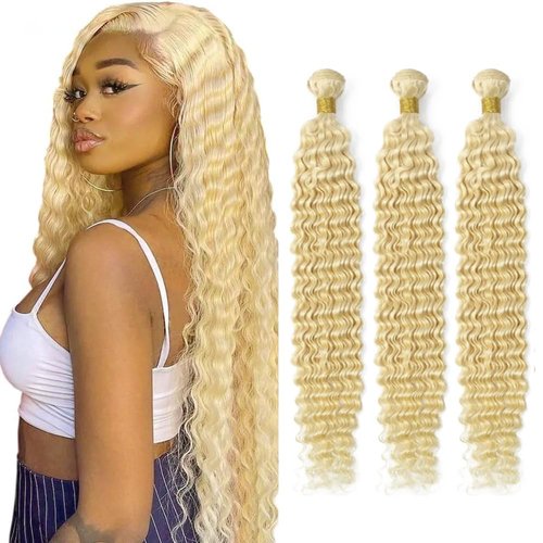 Color 613 Human Hair Bundles Blonde Human Hair Bundles 613 Blonde Deep Wave Bundles 20 22 24 inch Brazilian Virgin Remy Hair Extensions Double Weft Blonde Bundles Human Hair Weave