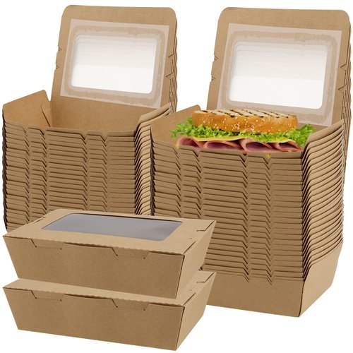 KEILEOHO 60 Pack 40 oz Kraft Brown Food Boxes, 1200ml Brown Bakery Cupcake Boxes, Disposable Paper Food Containers with Clear window, To Go Container Dessert Boxes for Pastries, Food