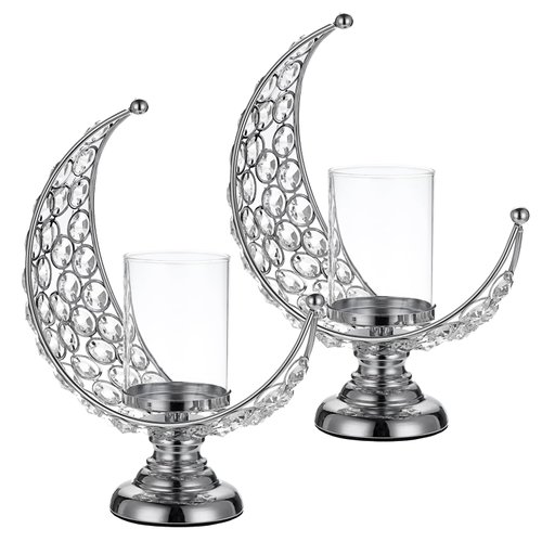 OwnMy Set of 2 Silver Moon Shaped Crystal Pillar Candle Holders Tealight Holders with Glass Covers, Metal Crystal Moon Pillar Candle Stands Votive Candlesticks Candle Lamps for Table Centerpieces