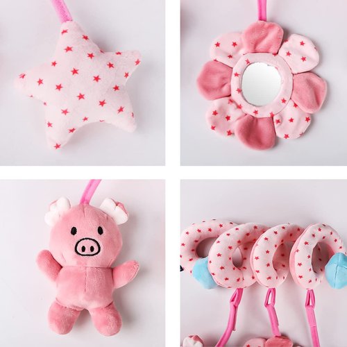 Ymeibe Baby Car Seat Toys, Infant Activity Spiral Plush Toys Hanging Stroller Toys for Baby Girl and Boy with Musical Sheep Rattles with Distorting Mirror (Pink Pig)
