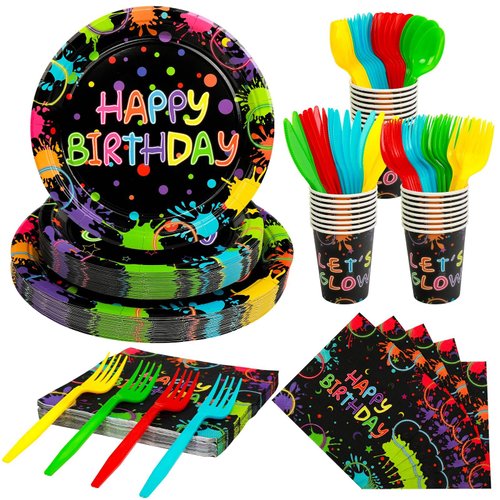 168 Pcs Serves 24 Guests Neon Happy Birthday Party Plates and Napkins Let's Glow Birthday Tableware Set Glow Neon Birthday Party Decorations Cups Knives Forks Spoons for Neon Birthday Party Supplies