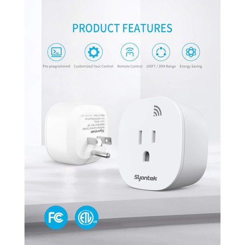 Syantek Remote Control Outlet Wireless Light Switch for Household Appliances, Expandable Remote Light Switch Kit, Up to 100 ft Range, FCC Certified, ETL Listed, White (5 Outlets + 2 Remotes)