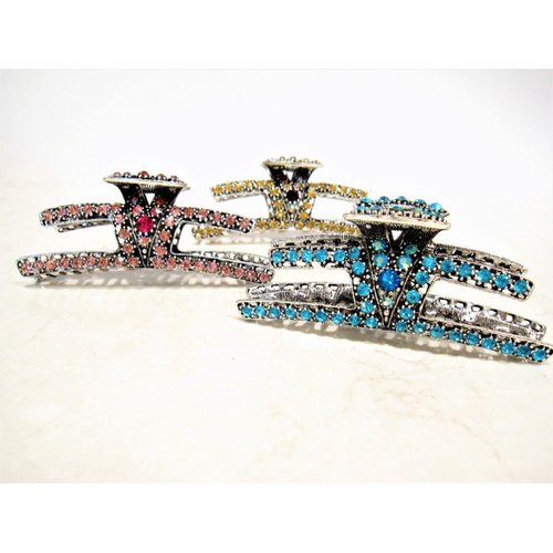 Generic Art deco silver metal hair claw clip with crystals (Primary color: Pink), 1 Count (Pack of 1)