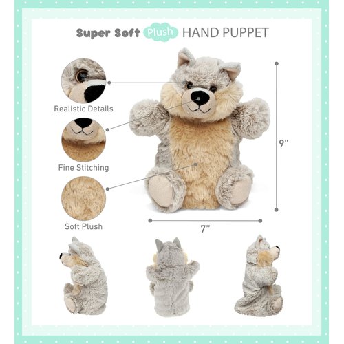 DolliBu Wolf Plush Hand Puppet for Kids - Soft Plush Stuffed Animal Hand Puppet Toy for Puppet Show Games & Puppet Theaters for Kids, Adult's Cute Puppets Educational Toy to Teach Children & Toddlers