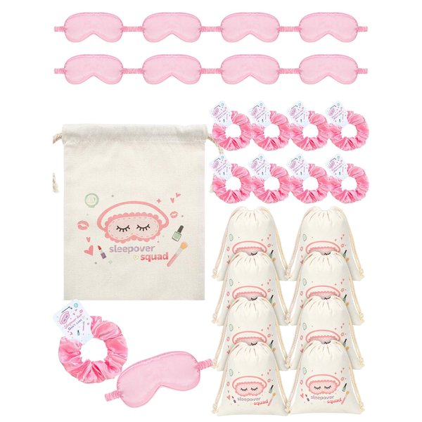 Bunnycool 24 Pcs Sleepover Party Supplies Birthday Party Favor with Satin Eye Mask Satin Hair Scrunchies(Pink)