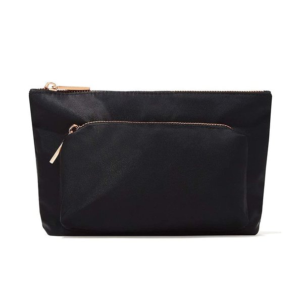 Jillian Dempsey Makeup Bag: Medium Sized Everyday Cosmetic Organizer with 2-Pockets and an Easy to Clean Nylon Material I Black with Rose Gold