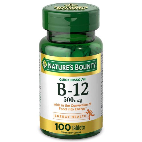 Nature's Bounty Vitamin B12, Supports Energy Metabolism and Nervous System Health, 500mcg, 100 Quick Dissolve Tablets