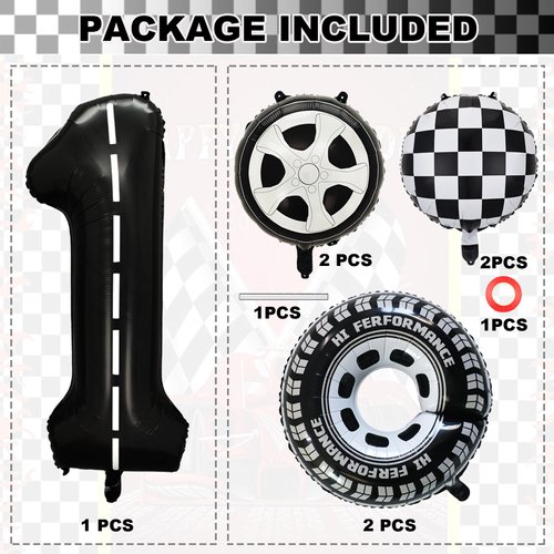 YWQIPABA Race Car 1st Birthday Party Balloons, 40 Inch Mylar Foil Racetrack Number 1 Balloon Black for Boys fast one Birthday Decorations,Race Car Theme Party Decorations Supplies 7 Pcs