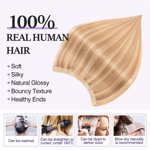 Halo Hair Extensions Real Human Hair,Prokyvity Halo Hair Extension 100% Human Hair,Halo Extensions Real Human Hair,Human Hair Halo Extensions,12P613 Golden Brown Mixed Bleach Blonde 16inch