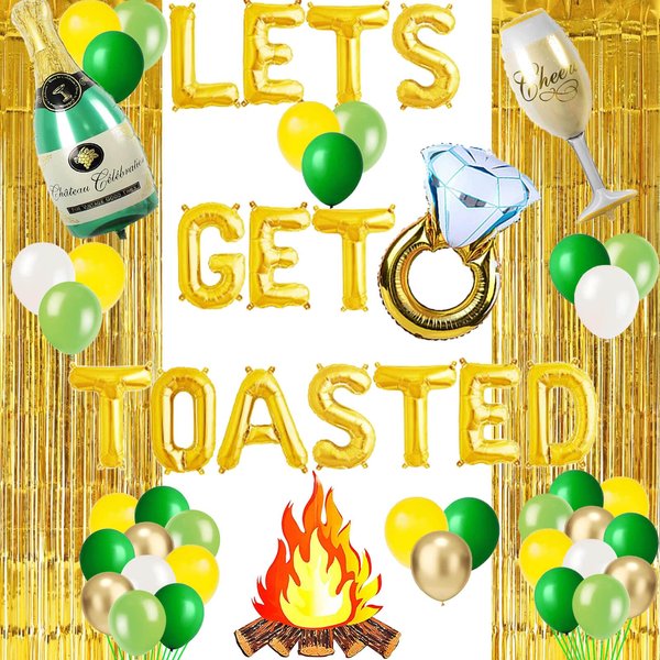 Letromp Camp Bachelorette Party Decorations Gold Let's Get Toasted Balloons Happy Camper/Weekend In The Woods/Lake Hiking/Mountain/Camping Themed Engagement Bridal Shower Party Supplies Decorations