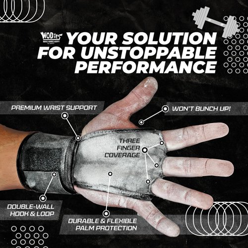 JerkFit WODies Black 3 Hole Gymnastics Grips with Wrist Support (Medium) - Latex Free Elastic Pull Up Grip for Cross Training, WODs, Weightlifting - Workout Grips for Men and Women for Palm Protection