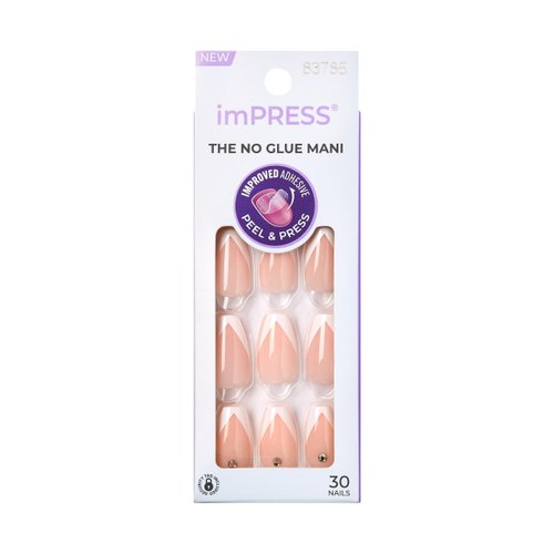 imPRESS KISS Press-On Manicure, Nail Kit, PureFit Technology, Medium Length Press-On Nails, 'So French', Includes Prep Pad, Mini Nail File, Cuticle Stick, and 30 Fake Nails