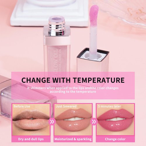 Skynest 2PCS Hydrating Lip Glow Oil, Plumping Lip Gloss, Clear to Pink Lip Oil Gloss, Transparent Moisturizing Lip Balm, Natural Lip Plumper, Lip Plumper Gloss Make Lips Fuller and Moisturizing