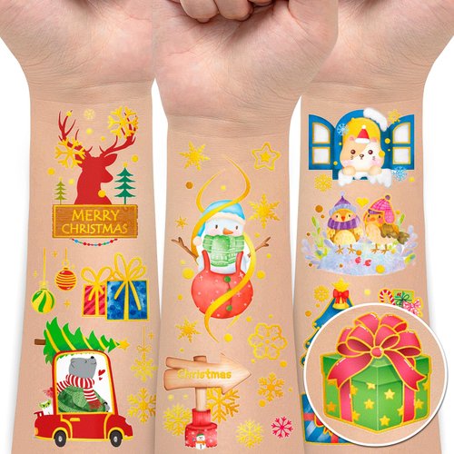 EMOME Metallic Glitter Christmas Tattoo, Xmas Party Favors Tattoo Special for Christmas Stocking Stuffers, Kids Tattoo Sticker for Girls Boys Christmas Prizes（12 Sheets)