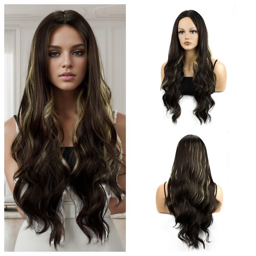 MocNeavian Dark Brown Golden Ombre Wigs 29 Inches Long Wavy Wigs for Women Middle Part Ombre Natural Looking Synthetic Heat Resistant Fiber Wig Women's Wigs for Daily Use Women's Charming Wigs
