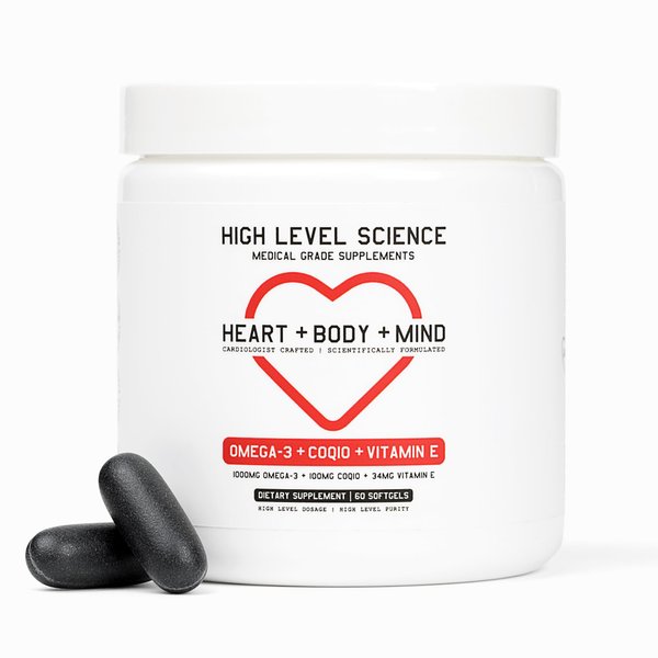 High Level Science Omega 3, CoQ10, Vitamin E for Heart + Body + Mind with DHA/EPA, Antioxidant Supplement for Energy Production, Superior Bioavailable Triglyceride Form - Gluten Free, 60 Softgels