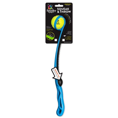 Spunky pup Squeak & Throw Ball Launcher for Dogs | Tennis Ball (Included) | Dog Fetch Toy w/Built-in Training Squeaker | Send Balls Flying Up to 100 ft | Massage Grooming Reward Bristles