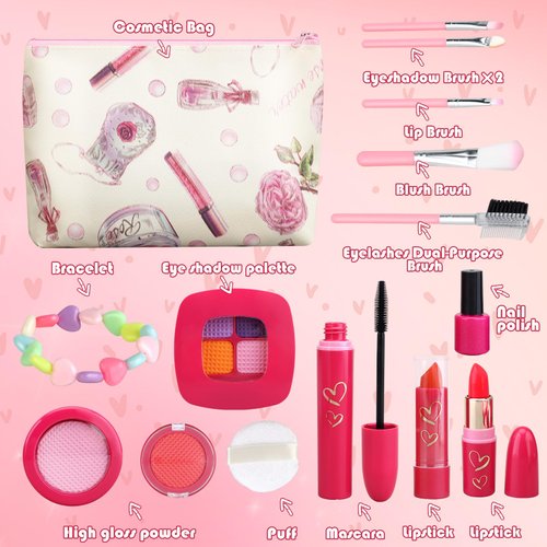 Woumserta Girl Gifts Basic Pretend Makeup for Little Girls, Play Makeup for Kids 3-5, Fake Makeup Set Toys for 3 4 5 6 7 Year Old Girls, Toddler Makeup Kit with Fake Make up Toys Birthday Gifts