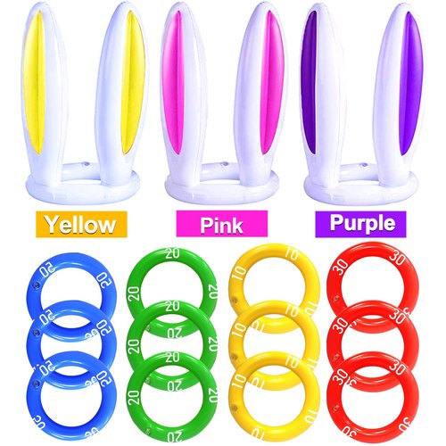[ Score Ring ] 3 Pack Easter Inflatable Bunny Ring Toss Game Easter Rabbit Ears Ring Toss Party Games Inflatable Toys Gift for Kid Family School Party Favor Indoor Outdoor Toss Game (3 Set & 12 Rings)