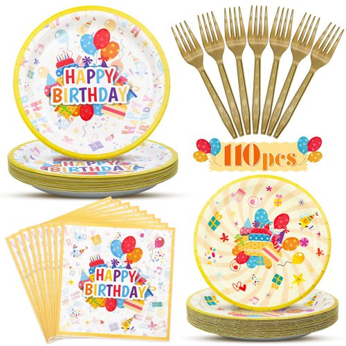110 PCS Birthday Party Supplies - Disposable Paper Plates Happy Birthday Plates and Napkins for Birthday Party Decorations,Tableware Set for Party Favors - Serves 25 Guests