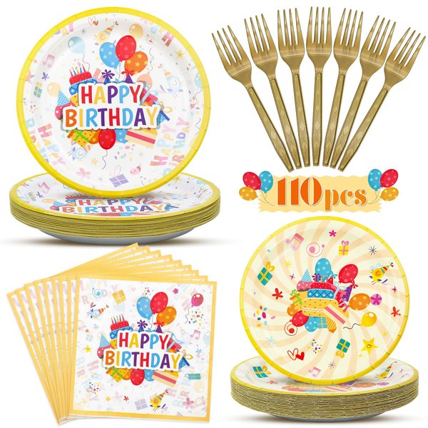 110 PCS Birthday Party Supplies - Disposable Paper Plates Happy Birthday Plates and Napkins for Birthday Party Decorations,Tableware Set for Party Favors - Serves 25 Guests