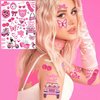 108+ PCS Groovy Pink Temporary Tattoos For Kids Girls Women, Pink Birthday Party Favor Supplies, Y2k Metallic Iridescent Flash Cartoon Fake Tattoo Sticker Children Stocking Fillers Goodie Bags Stuffer