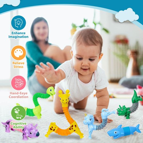 10 Pack Fidget Toys Sensory Toys Pop Tubes,Animal Dog pop Tubes Fidget Toys,Fidget Toys for Toddlers Kids 3 4 5 6 7 Year Old Girls Boys Birthday Gifts Autism Sensory Toys,Party Favors