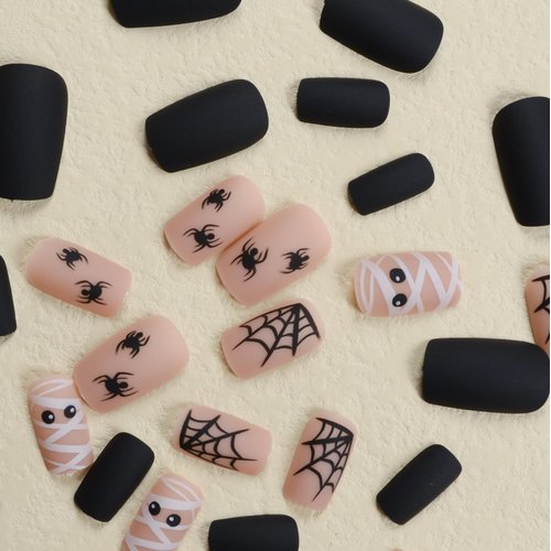24pcs Black Halloween Press on Nails Short Square Fake Nails with Spiders Web False Nails Design Acrylic Glue Nails Stick on Nails Cute Artificial Nails for Women Party