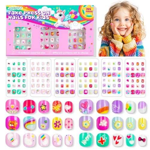 144 Pieces 6 Pack Kids Press on Nails Artificial Fake Nails for Kids Girls Pre Glue Full Cover Short Acrylic False Nail Tips Art Kits Gifts for Kids Girls Nail Art Decoration(Lovely Pattern)
