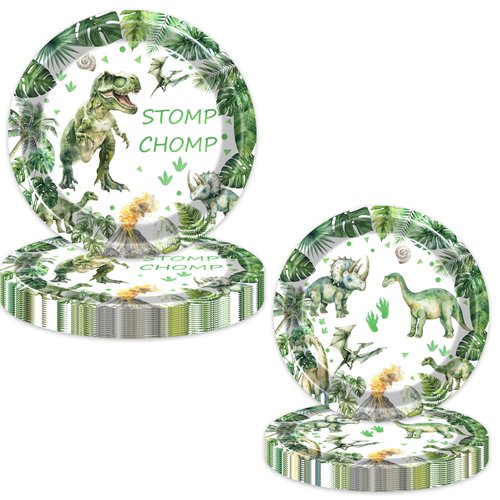 80 Pcs Watercolor Dinosaur Birthday Decorations Green Dino Paper Dinner Plates Napkins Forks Dinnerware for Dinosaur Theme Baby Shower Boys 1st 2nd 3rd 4th Birthday Party Supplies
