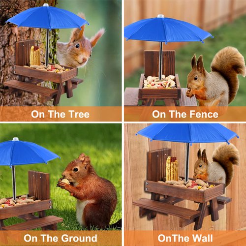 Squirrel Feeder Picnic Table with Umbrella, Wooden Squirrel Feeders for Outside with Corn Cobs, Cute Chipmunk Feeder with Solid Structure for Squirrel Gift (Blue)
