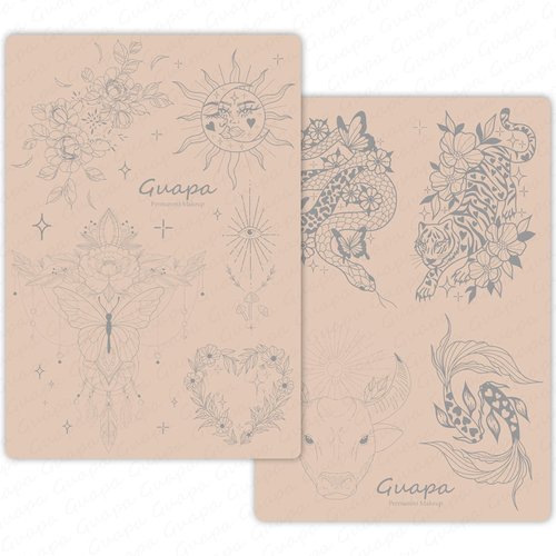Guapa 3pcs Silicone Pre-Printed Tattoo Practice Skin with 9 Unique Patterns Tiny Tattoo Practice Skins with Design (Pink Sheet)