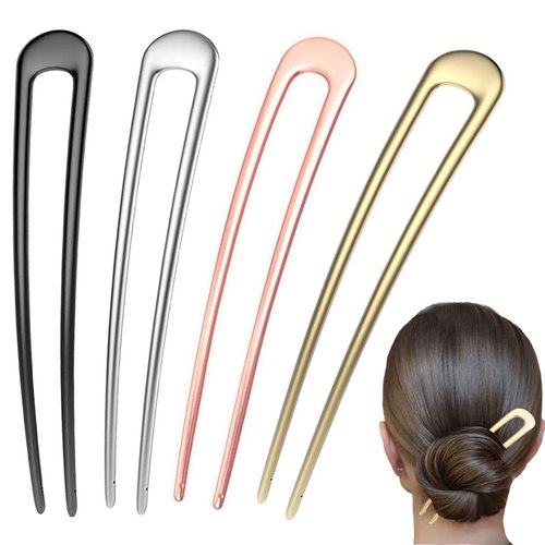 4 pcs Metal Hair Fork U Shape French Hair Clip Long Bun Plate Hairpin Hair Insert Women's Hair Accessories for Thick Long Hair(Black, Gold, Silver, Rose Gold)